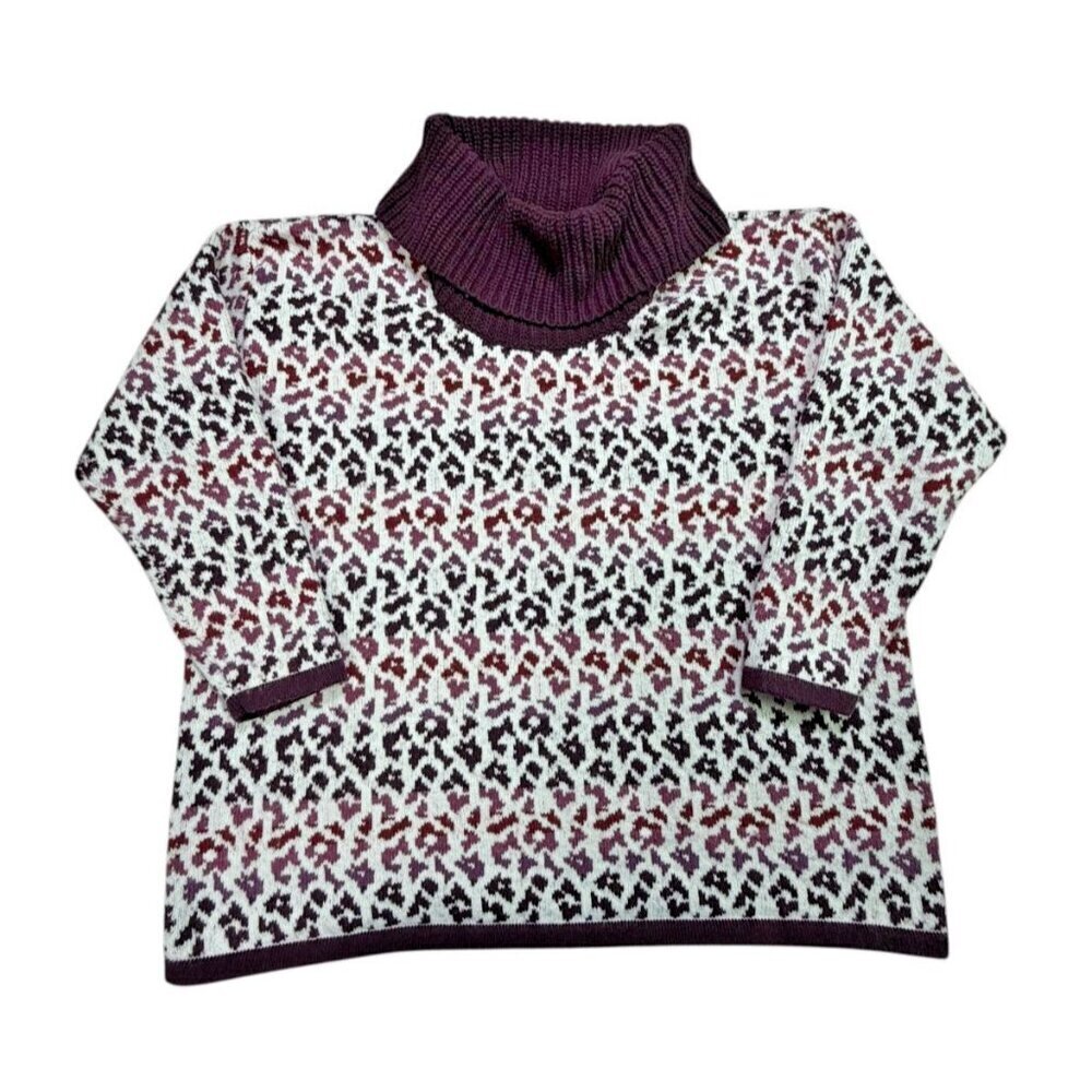 Lands’ End Lofty Cozy Cowlneck Leopard Sweater Plus 2X Burgundy Plum